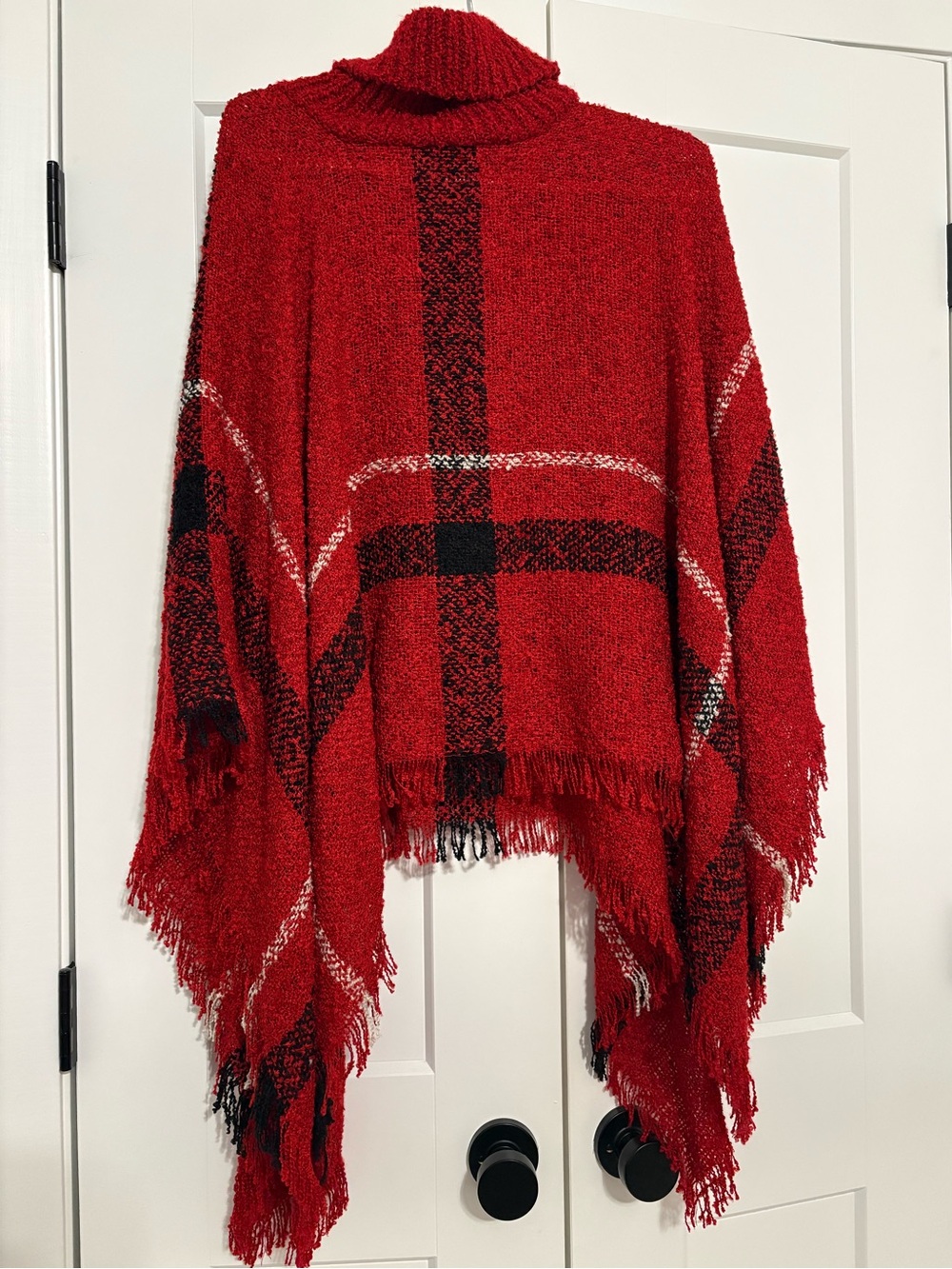 Red Plaid Fringe Turtleneck Poncho Sweater